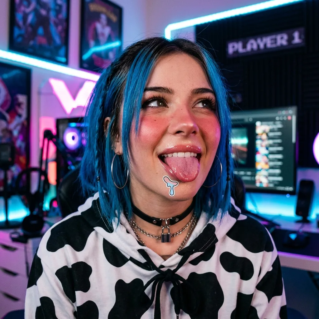 Аватарка Ахегао, страстная Е-гёрл коровка с синими волосами из пака Пак Ahegao #2. Коровкодевочки - вариант оформления профиля
