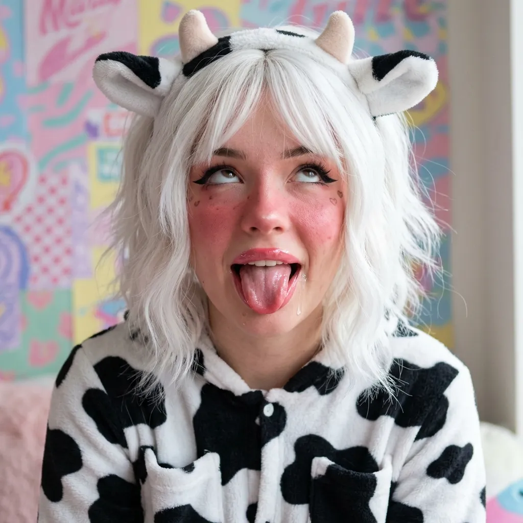 Аватарка Страстная Е-гёрл коровка с белыми волосами из пака Пак Ahegao #2. Коровкодевочки - вариант оформления профиля