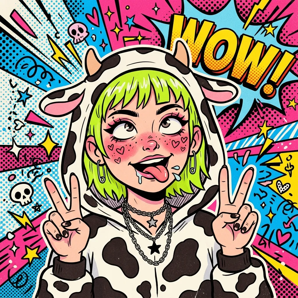 Аватарка Комикс, Е-гёрл коровка с ярко-зелеными волосами из пака Пак Ahegao #3. Коровкодевочки - вариант оформления профиля
