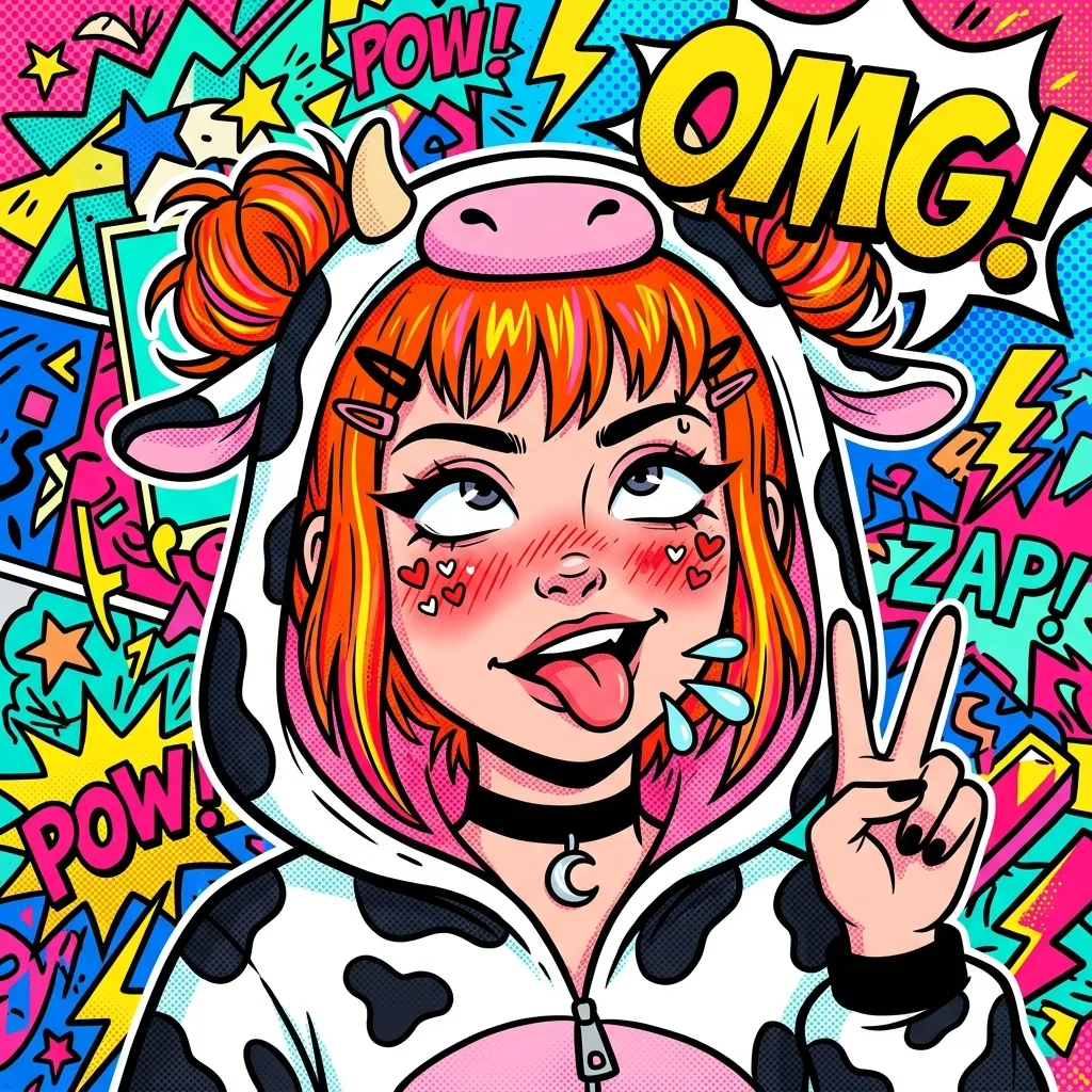 Аватарка Комикс, Е-гёрл коровка с ярко-оранжевыми волосами из пака Пак Ahegao #3. Коровкодевочки - вариант оформления профиля