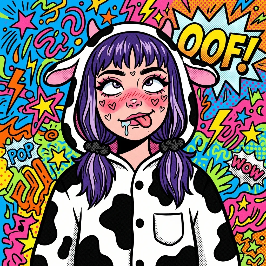 Аватарка Комикс, Е-гёрл коровка с темно-фиолетовыми волосами из пака Пак Ahegao #3. Коровкодевочки - вариант оформления профиля