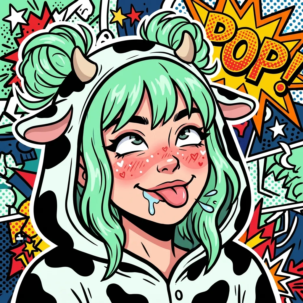 Аватарка Комикс, Е-гёрл коровка с мятно-зелеными пучками из пака Пак Ahegao #3. Коровкодевочки - вариант оформления профиля