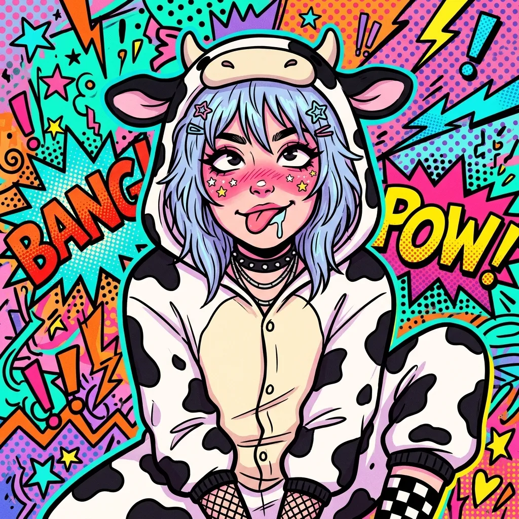 Аватарка Комикс, Е-гёрл коровка с пастельно-синими волосами из пака Пак Ahegao #3. Коровкодевочки - вариант оформления профиля