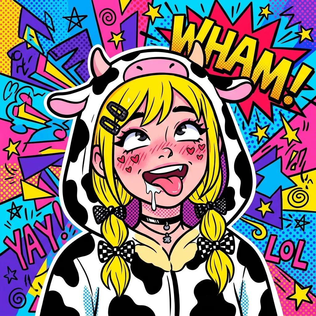 Аватарка Комикс, Е-гёрл коровка с желтыми хвостиками из пака Пак Ahegao #3. Коровкодевочки - вариант оформления профиля