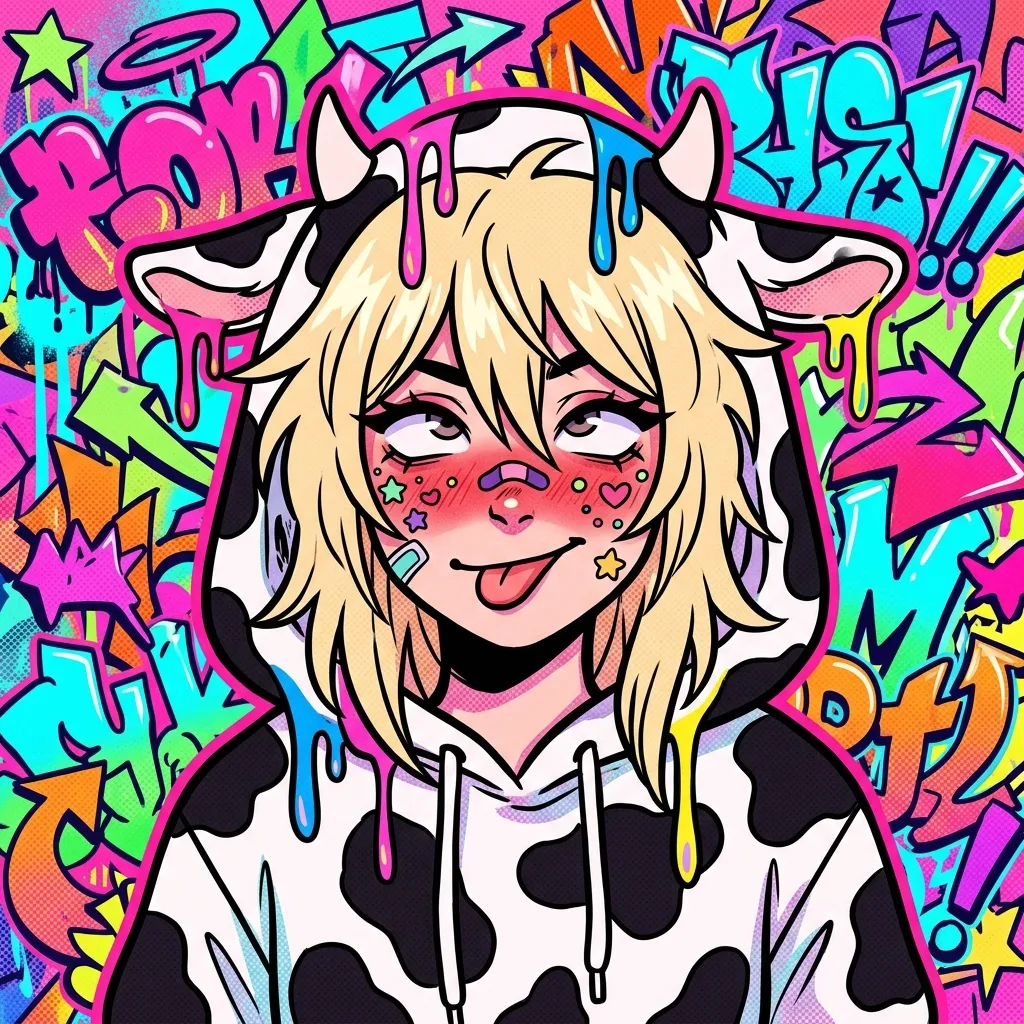 Аватарка Поп-арт граффити, блондинка Е-гёрл коровка из пака Пак Ahegao #3. Коровкодевочки - вариант оформления профиля