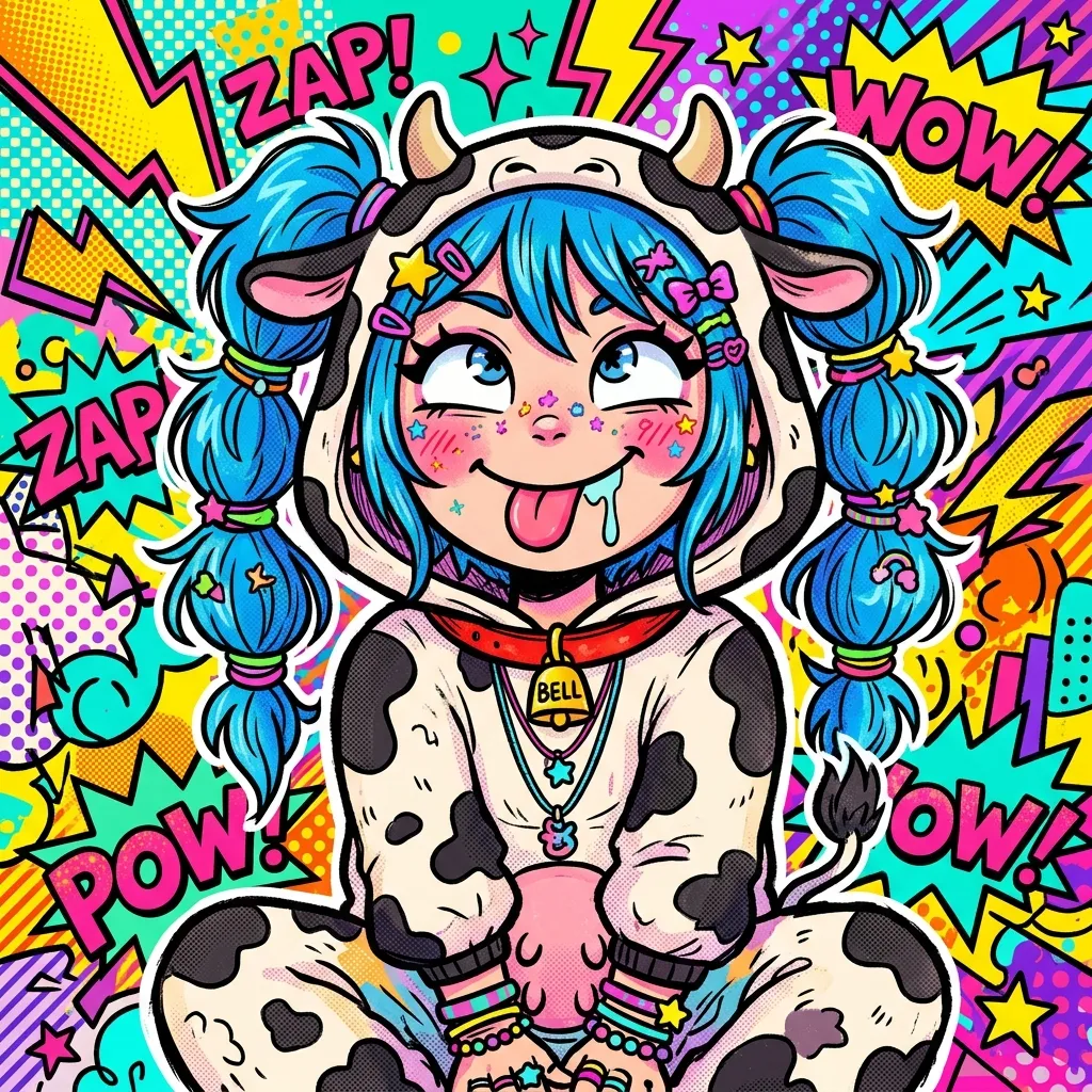 Аватарка Поп-арт, Е-гёрл коровка с синими хвостиками из пака Пак Ahegao #3. Коровкодевочки - вариант оформления профиля