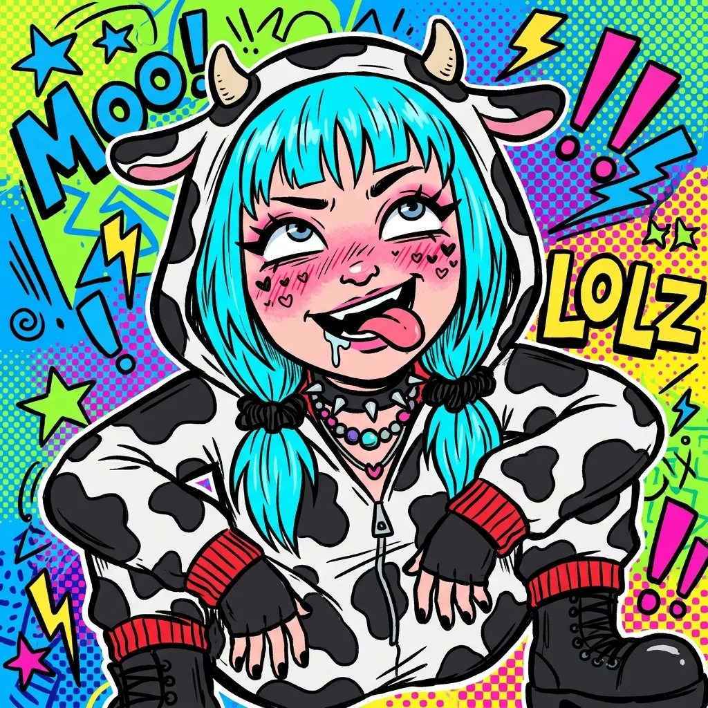 Аватарка Поп-арт, Е-гёрл коровка с голубыми волосами из пака Пак Ahegao #3. Коровкодевочки - вариант оформления профиля