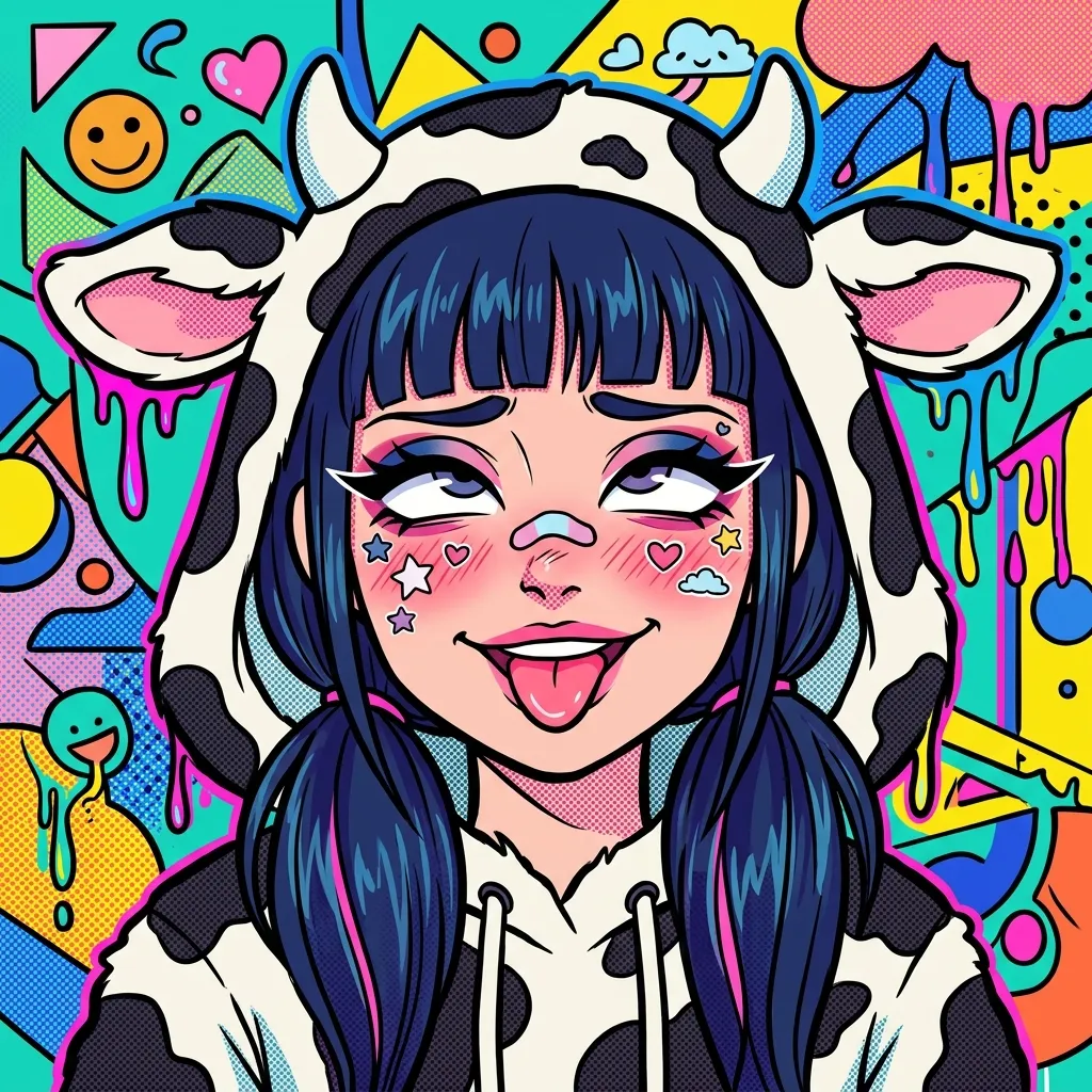 Аватарка Поп-арт, Е-гёрл коровка с темно-синими волосами из пака Пак Ahegao #3. Коровкодевочки - вариант оформления профиля