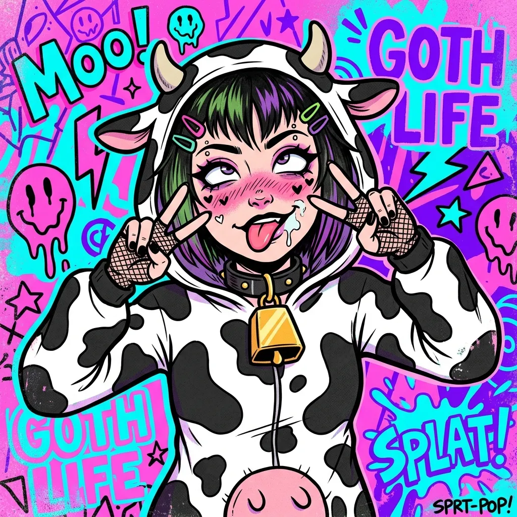 Аватарка Поп-арт гот, Е-гёрл коровка с черными волосами из пака Пак Ahegao #3. Коровкодевочки - вариант оформления профиля