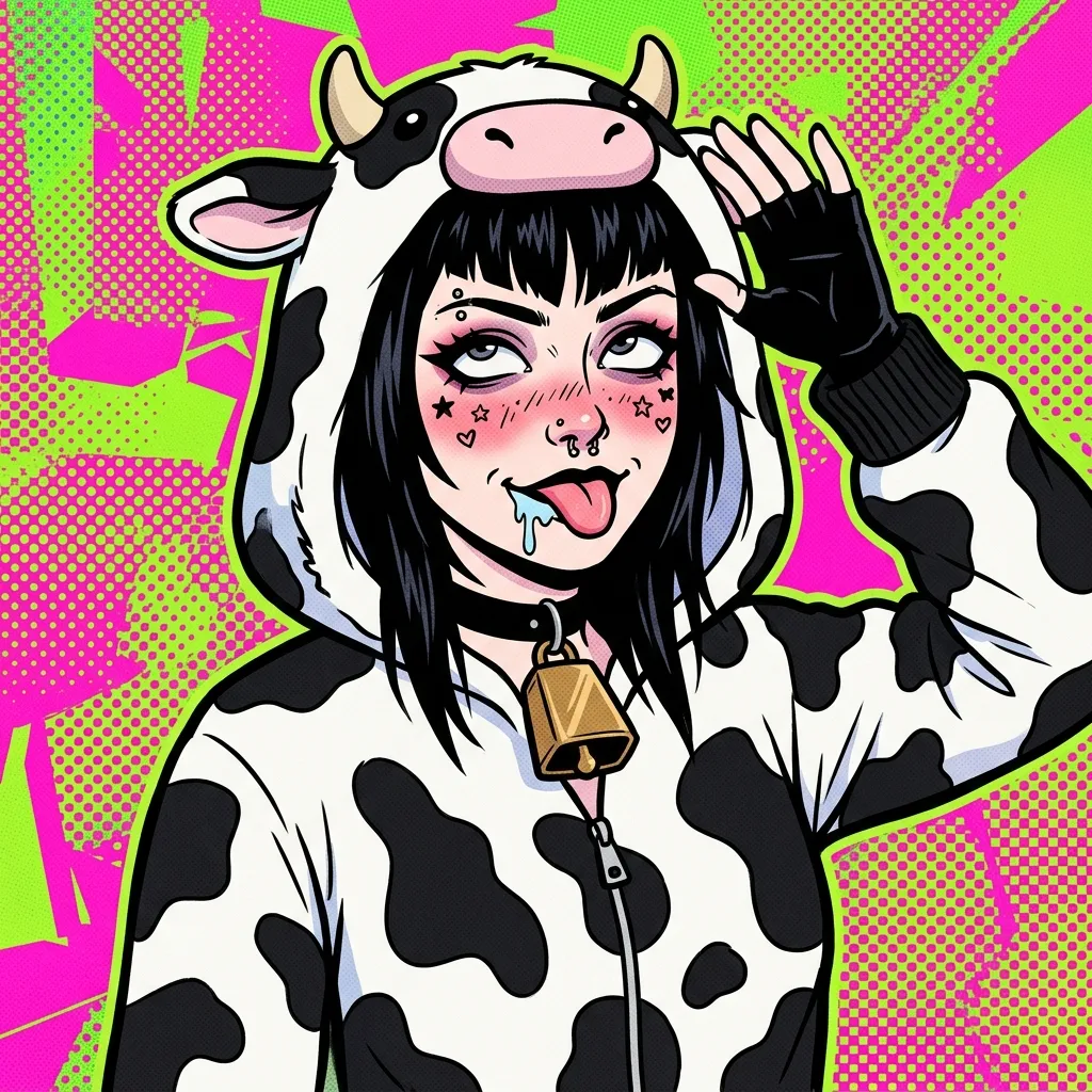 Аватарка Поп-арт гот, Е-гёрл коровка с бледной кожей из пака Пак Ahegao #3. Коровкодевочки - вариант оформления профиля