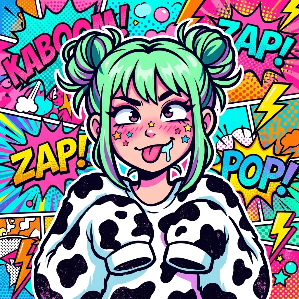 Аватарка Поп-арт комикс, зеленая Е-гёрл коровка из пака Пак Ahegao #3. Коровкодевочки - вариант оформления профиля