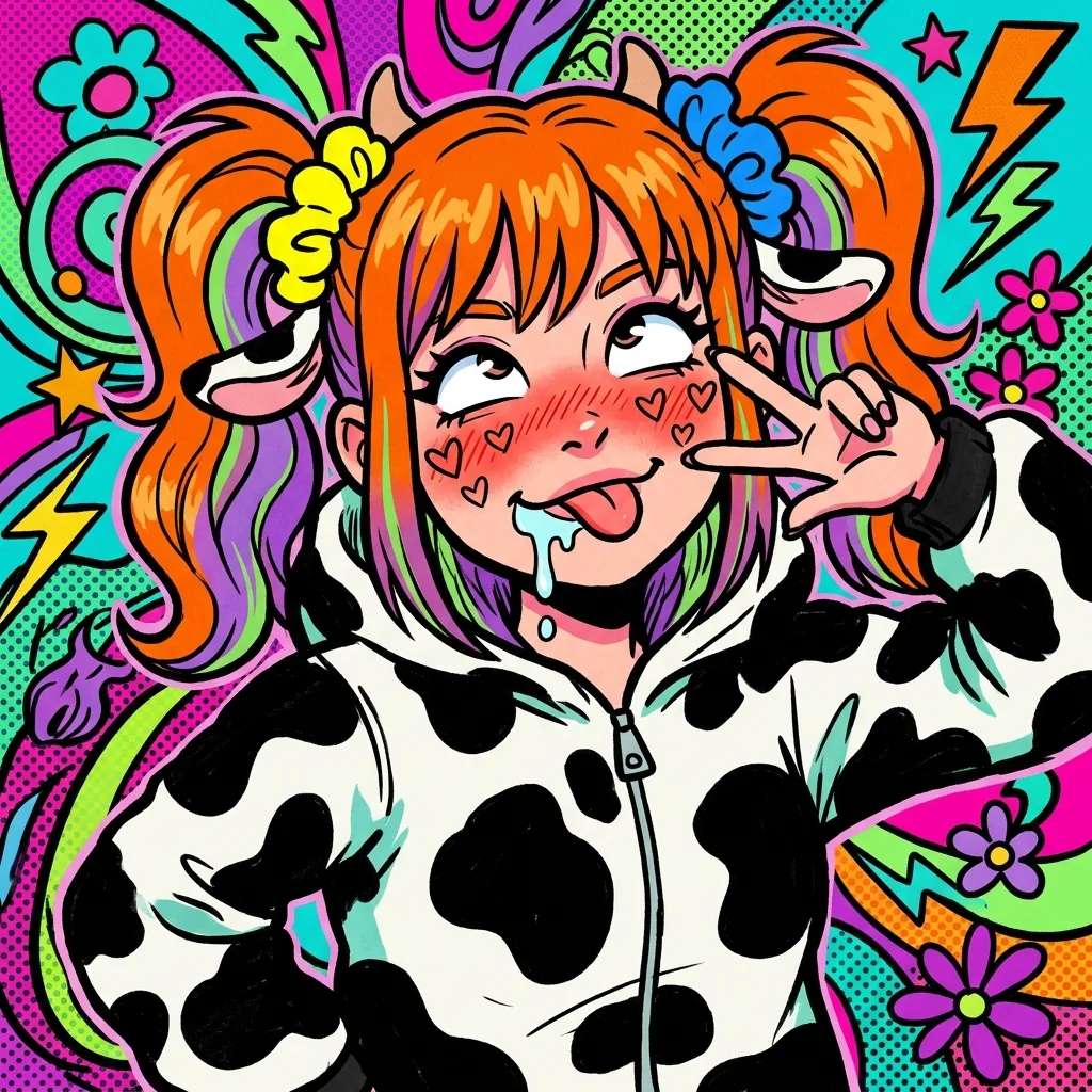 Аватарка Поп-арт, Е-гёрл коровка с оранжевыми хвостиками из пака Пак Ahegao #3. Коровкодевочки - вариант оформления профиля