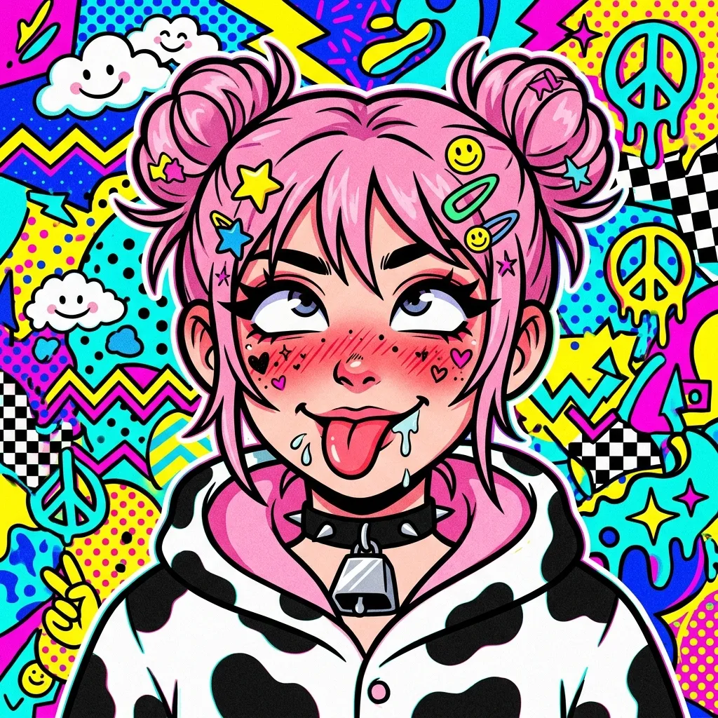 Аватарка Поп-арт, Е-гёрл коровка с розовыми пучками из пака Пак Ahegao #3. Коровкодевочки - вариант оформления профиля