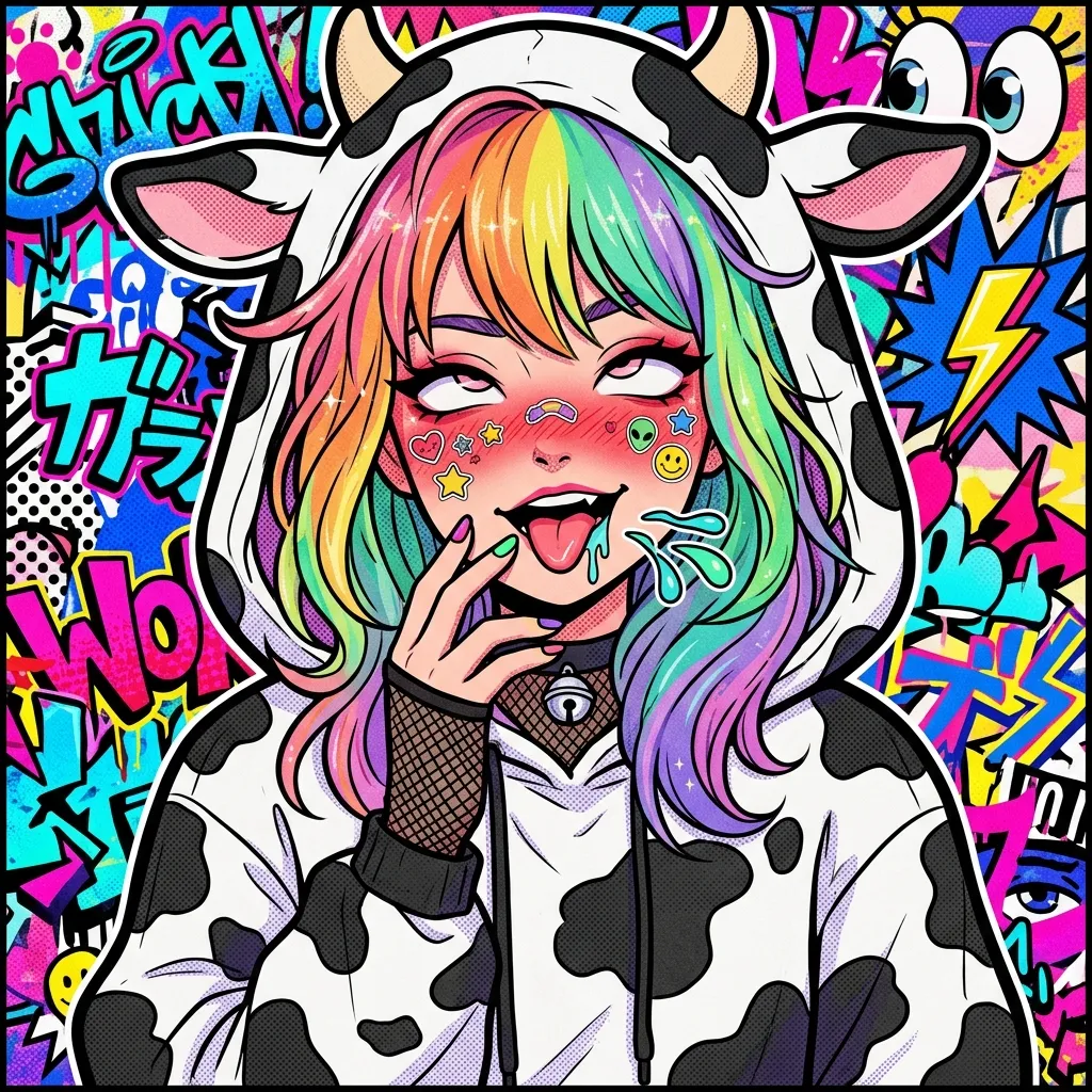 Аватарка Поп-арт, Е-гёрл коровка с радужными волосами из пака Пак Ahegao #3. Коровкодевочки - вариант оформления профиля