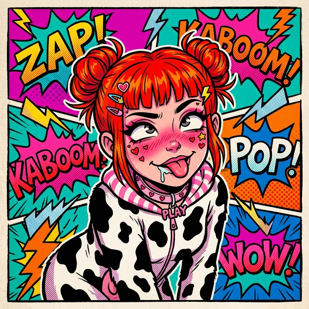 Аватарка Поп-арт, Е-гёрл коровка с рыжими волосами из пака Пак Ahegao #3. Коровкодевочки - вариант оформления профиля