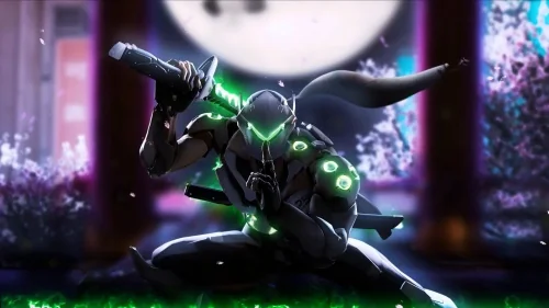 Гэндзи из Overwatch на фоне боя
