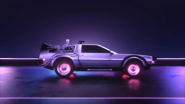 Неоновый футуристический автомобиль со светящимися колёсами